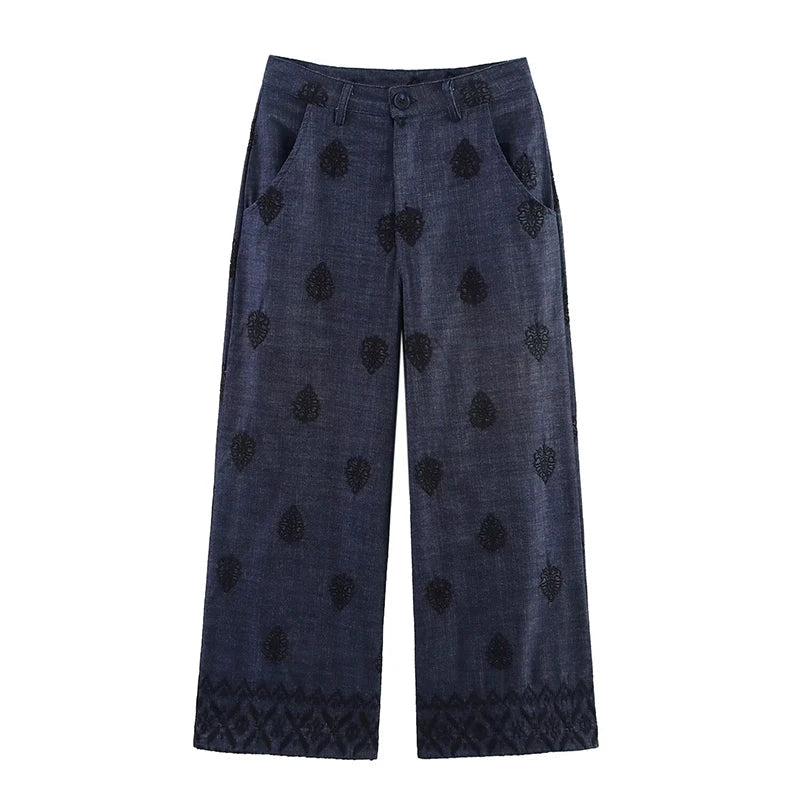 YENKYE New 2025 Women High Waist Embroidery Wide Leg Pants Patch Pockets Vintage Casual Female Trousers pantalones de mujer