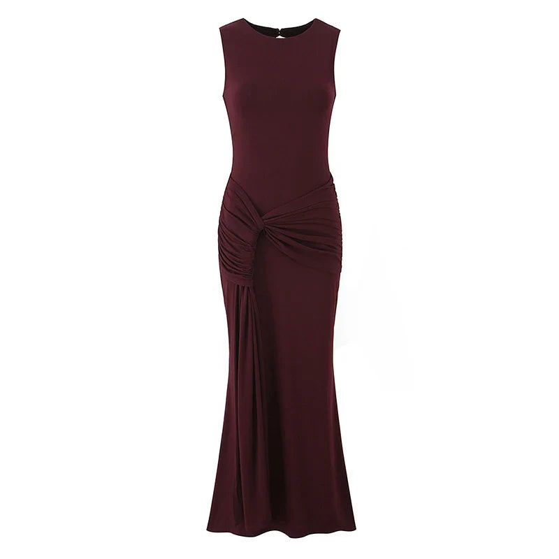 YENKYE Sexy Women's Burgundy Sleeveless Ruched Bodycon Maxi Dress Twist Waist Mermaid Formal Evening Gown for Wedding Party