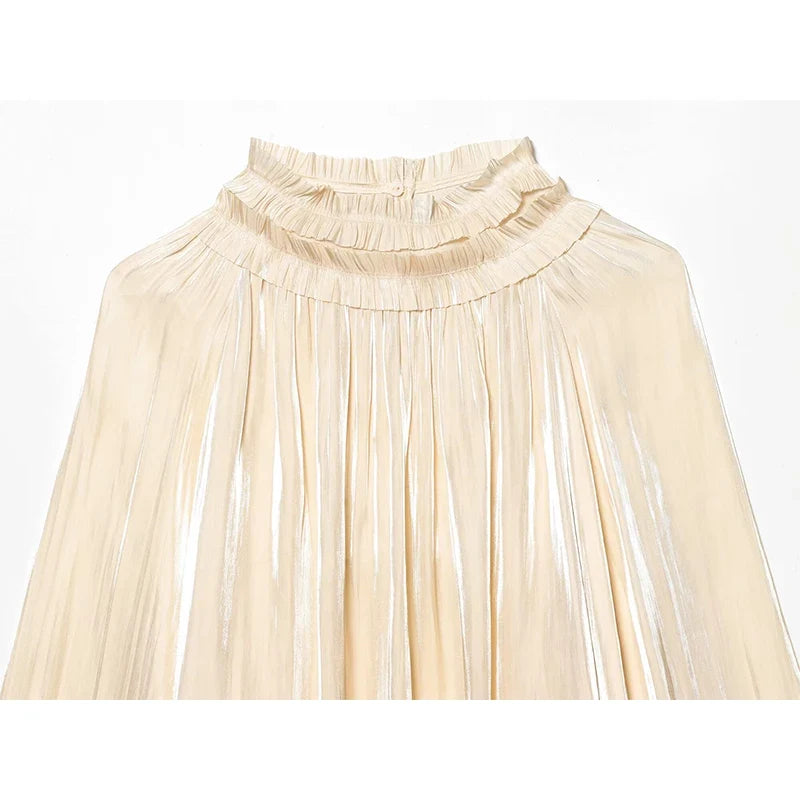 YENKYE 2026  Women's Fashion Shiny Satin Blouse  High Neck Long Sleeve Ruffled Loose Top For Daily Wear