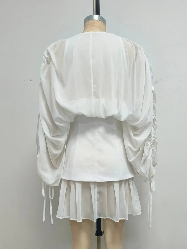 VC Elegant White Corset Mini Dress for Women V-Neck Chiffon Long Sleeve Lace-Up Waist Slim Fit Ruffle Hem Women's Casual Dresses