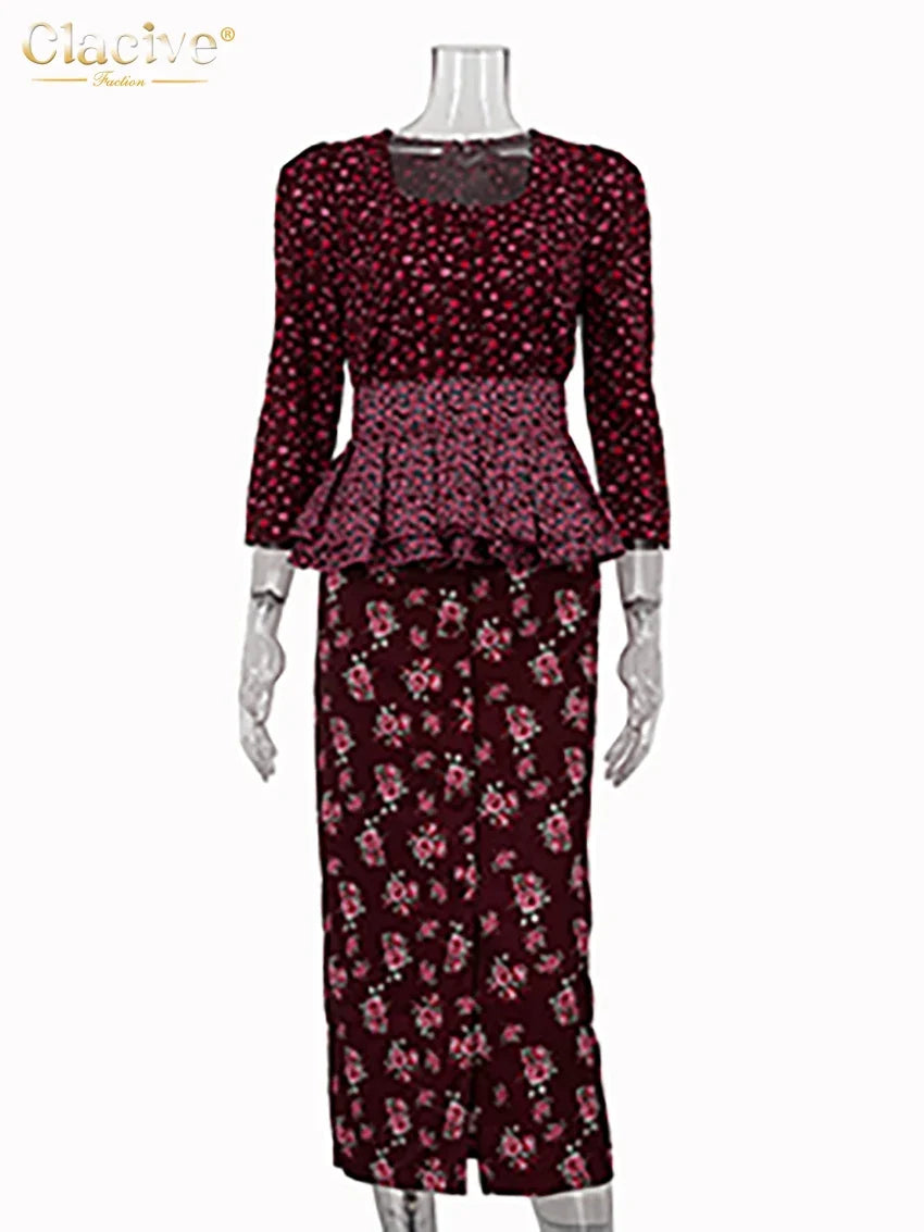 Clacive Fashion Loose Print Dresses Sets For Women 2 Pieces Bodycon U-Neck Long Sleeve High Waist Girdle Midi Slit Dress Set