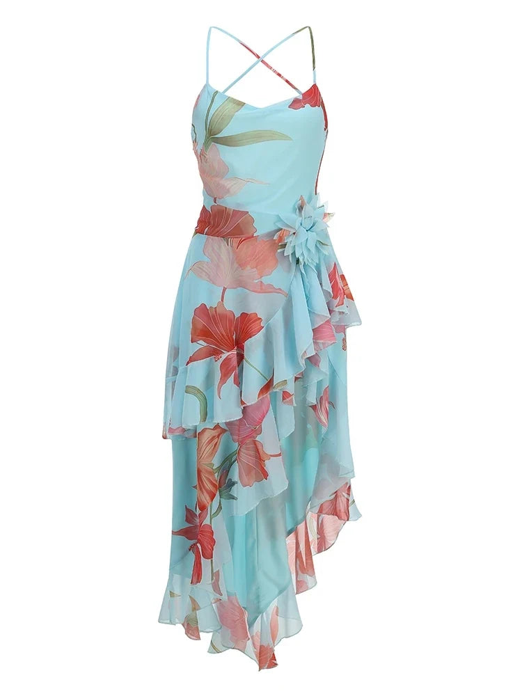 Summer Sexy Spaghetti Strap Printed Ruffles Long Dress Women Pink Sleeveless Backless Flower Dresses Holiday Party Sundress