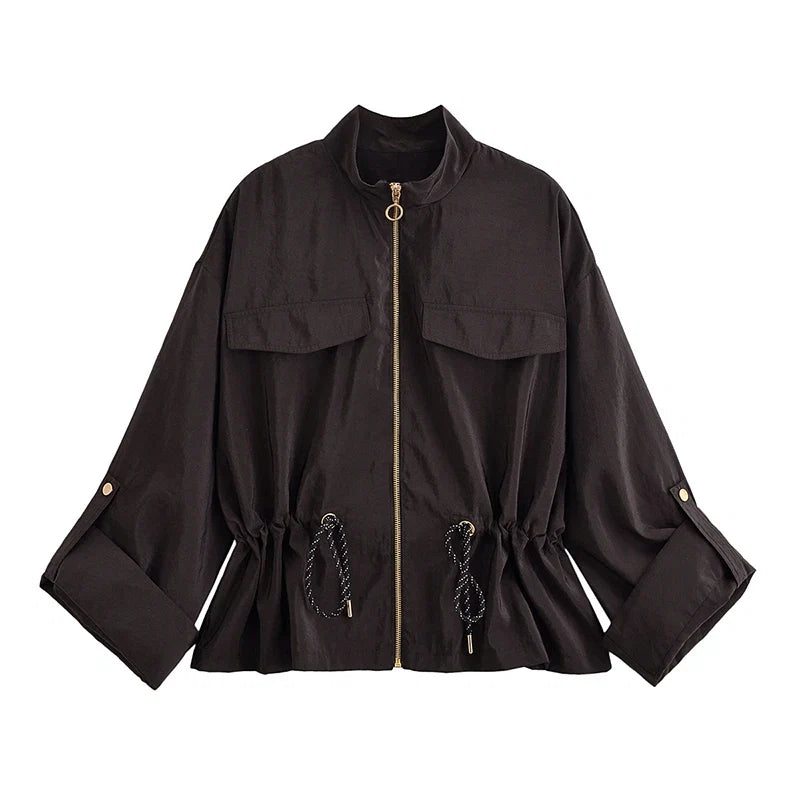 YENKYE Adjustable Drawstring Waist  Safari Jacket For Women Long Sleeve Stand Collar Autumn Coat Female Streetwear