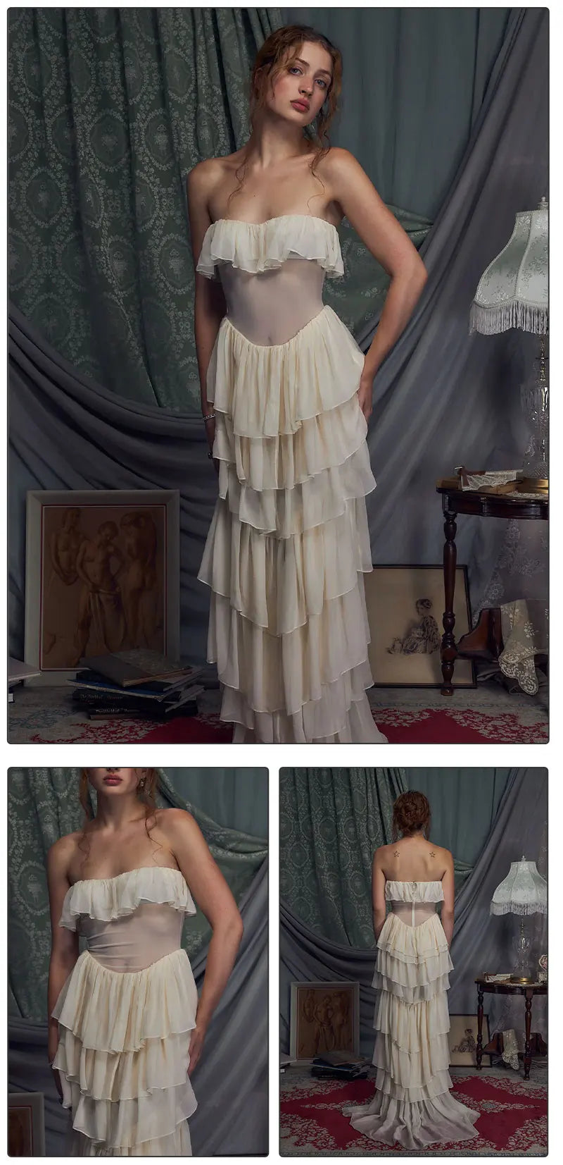 VC Sets For Women 2 Pieces Elegant And Pretty Lace-Up Corset And Slash Neck Long Cake Dress Set Chiffon Female Clothing