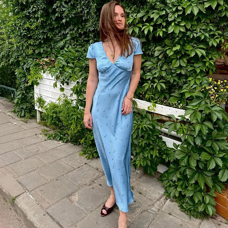Tuularose Floral Print Long Dress Women's Sexy V Neck Short Sleeve High Waist Dress Female Fashion Casual Vacation Slim Dresses