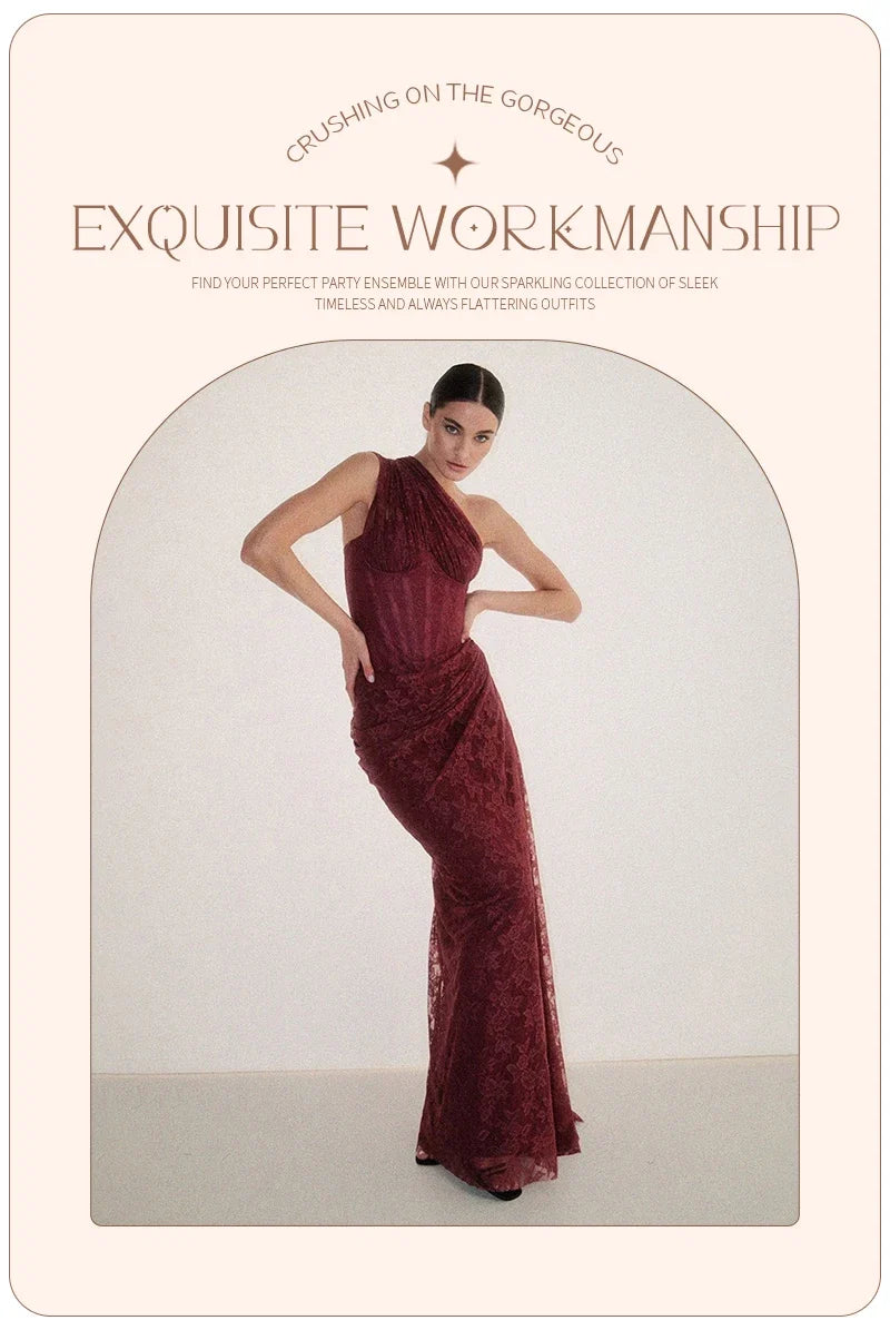 VC 2026 Yellow One Shoulder Corset Lace Maxi Dress For Women Side Ruched High Slit Wedding Guest Bridesmaid Formal Dress