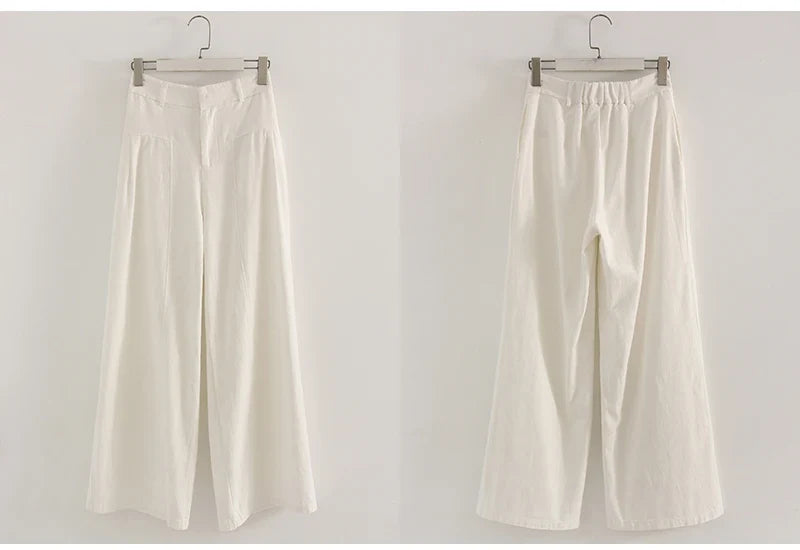 White Cotton Linen Pants Women Wide Leg Formal Trousers Summer Straight Leg Suit Pants High Waist Ladies Formal Pants Loose
