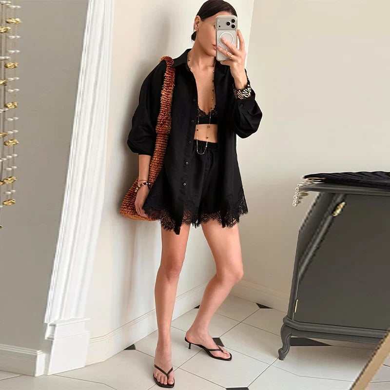 Beach Shirts Shorts Outfits Women Lapel Single Breasted Long Sleeves Lace Patchwork Sets Female 2026 Spring Summer Holiday Sets