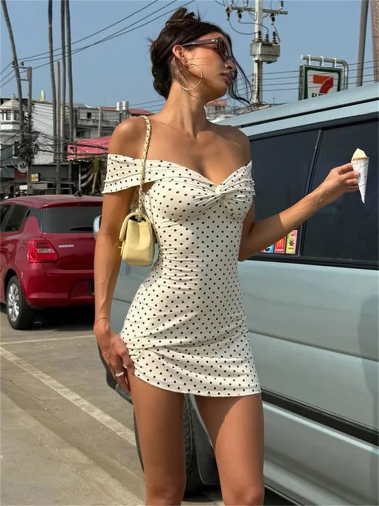 Tossy Fashion Summer Bandeau Dress Women Backless Printed Slim Commute Elegant Twist Party Dress Female Off-Shoulder Mini Dress