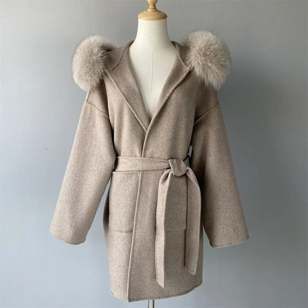 Jaxmonoy Women's Wool & Blends Coat With Real Fox Fur Ladies Autumn Winter Fashion Warm Loose Jacket with Hooded New in Outwear