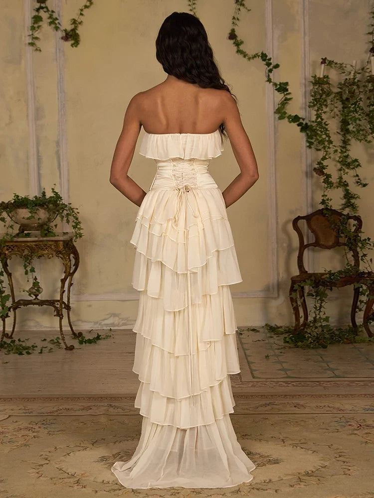 VC 2026 Strapless Tiered Chiffon 2 Pieces Dress Set for Women Corset Bodice Formal Maxi Dress Elegant Ruffled Layered Prom Set