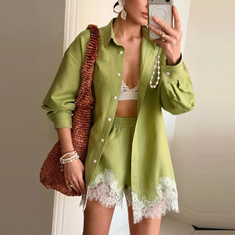 Beach Shirts Shorts Outfits Women Lapel Single Breasted Long Sleeves Lace Patchwork Sets Female 2026 Spring Summer Holiday Sets
