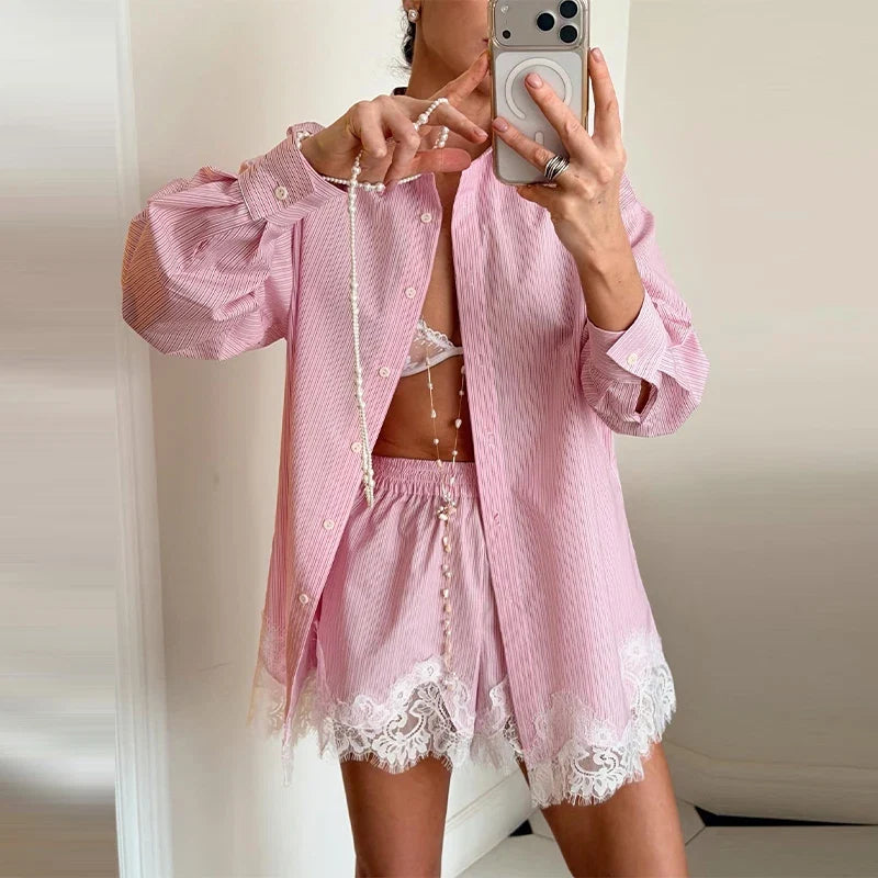 Beach Shirts Shorts Outfits Women Lapel Single Breasted Long Sleeves Lace Patchwork Sets Female 2026 Spring Summer Holiday Sets