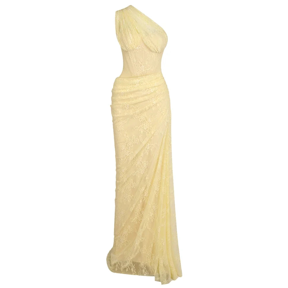 VC 2026 Yellow One Shoulder Corset Lace Maxi Dress For Women Side Ruched High Slit Wedding Guest Bridesmaid Formal Dress