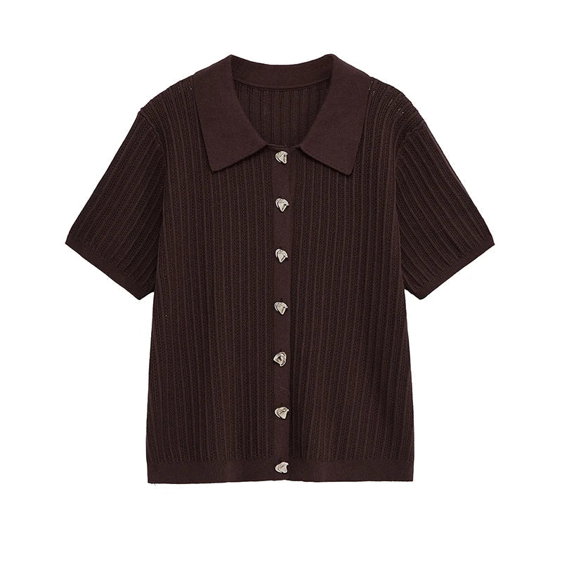 YENKYE Front Button Brown Hollow Out Knit T Shirt Women Short Sleeve Lapel Collar Female Summer Tees Casual  Lady Shirts 2025