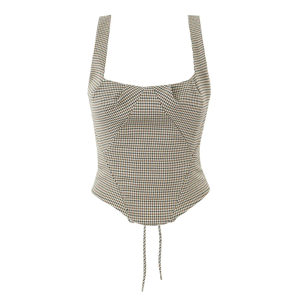YENKYE 2025 Women Versatile Slim Brown Plaid Tight Corset Top Lacing Up Bandage Back High Street Summer Tank Top