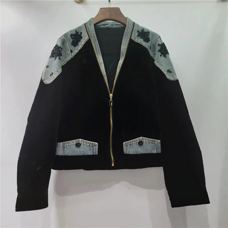 DEAT Women's Coat Patchwork Zipper Denim Velvet Beading Long Sleeve Loose Vintage Jackets 2026 Autumn New Fashion 29A3480