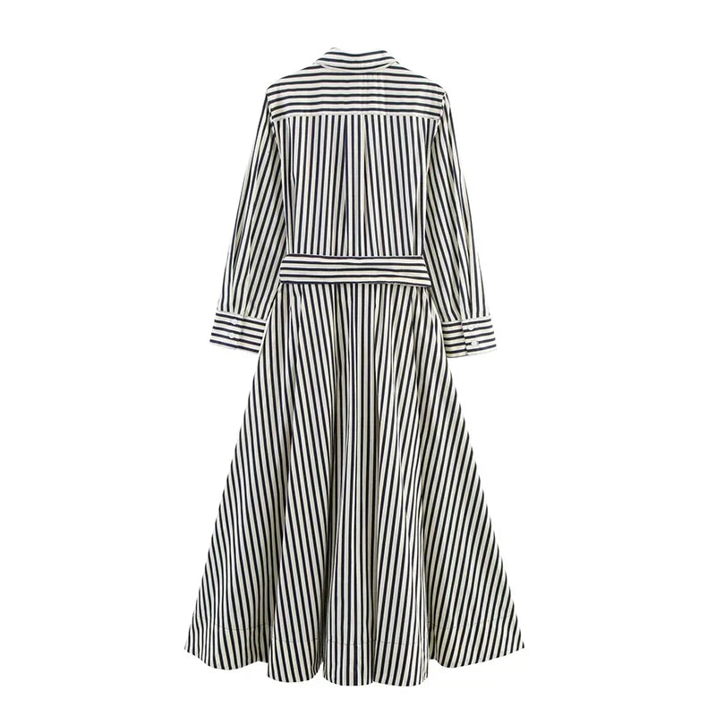 YENKYE  Front Button Striped Shirt Dress For Women Long Sleeve  With Belt A-line Midi Autumn Dresses Office Casual Vestidos