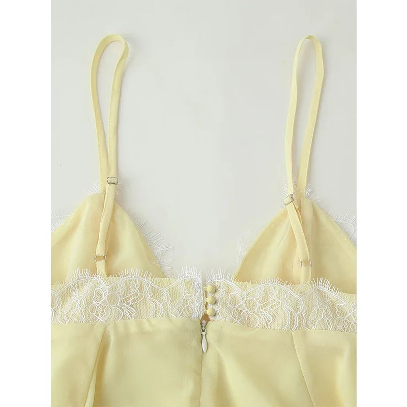 YENKYE New 2026 Sexy Spaghetti Straps Lace Trim Yellow Short Dresses Women V Neck A-line Beach Holiday Summer Vestidos