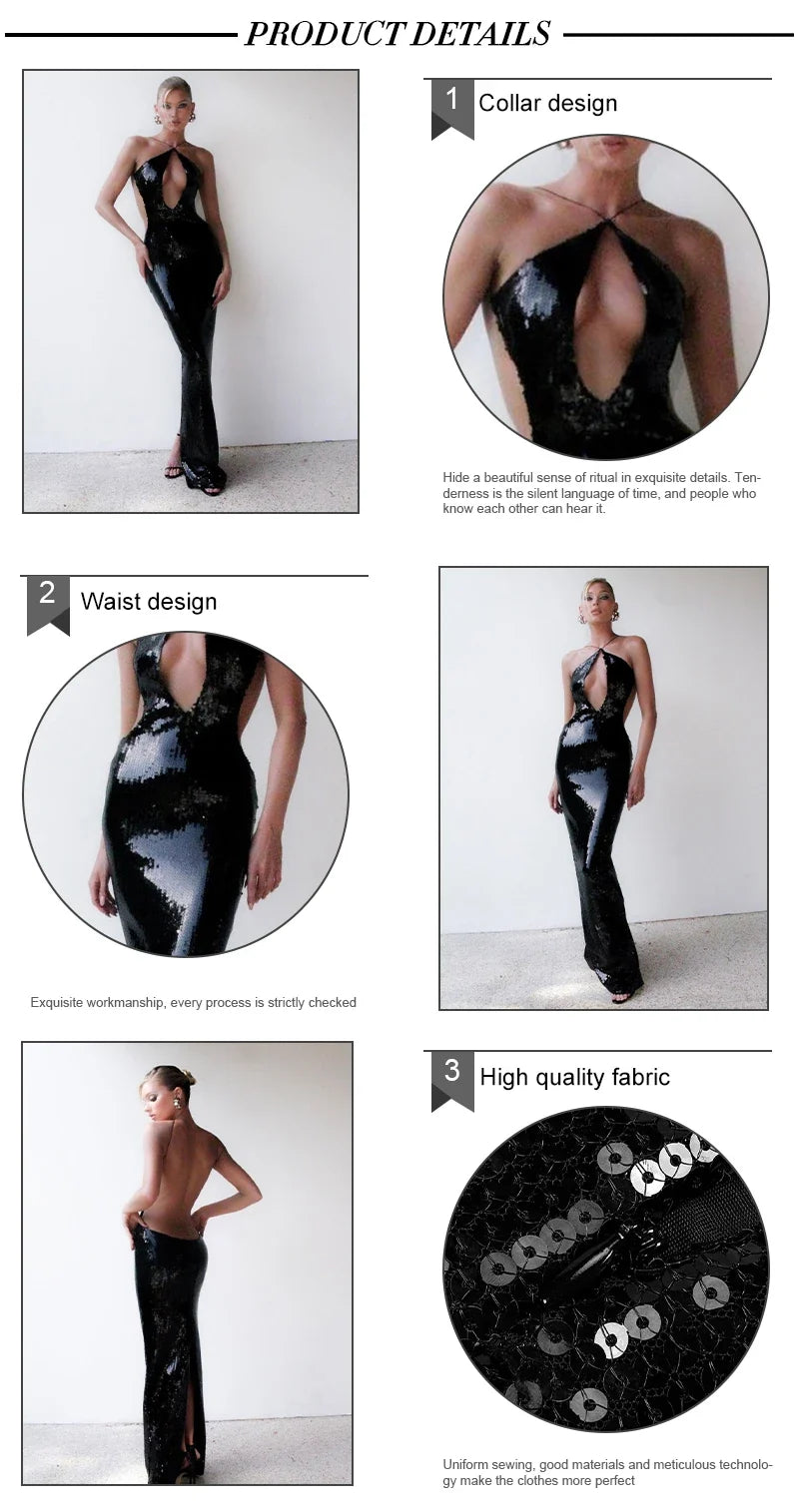VC Women'S Gold Sequins Luxury Party Gown Sexy Backless  Long Dress For Wedding Banquet Party Female Clothing