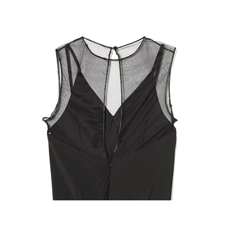 YENKYE Sexy Semi-Sheer Elegant Black Long Dress Women O Neck Sleeveless A-line Party Maxi Vestidos