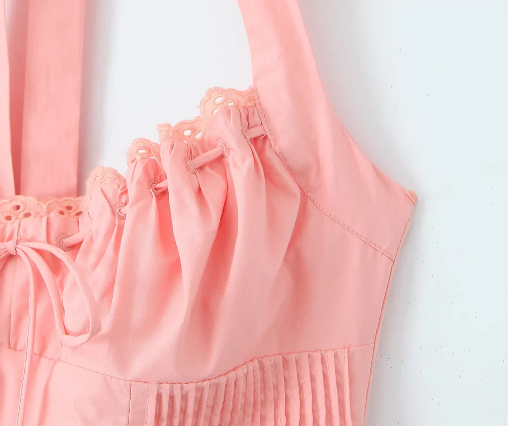 2024 Sexy Pink Corset Style Bow Halter Dress Spliced Lace Drawstring Rope Chest Pleated Slim Low Waist A-lined Swing Midi Robe