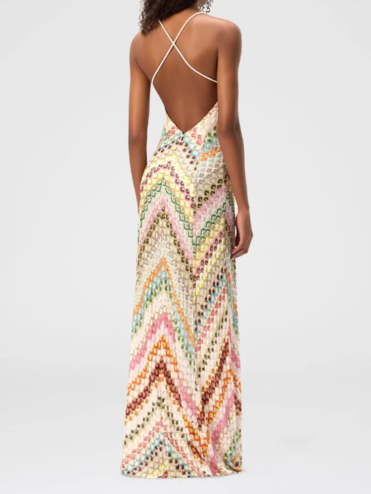 Holiday Spaghetti Strap Simple Party Dress, Women Summer Printing Backless Sexy Maxi Dress, 2025 Deep V Neck Chic Ladies Dress