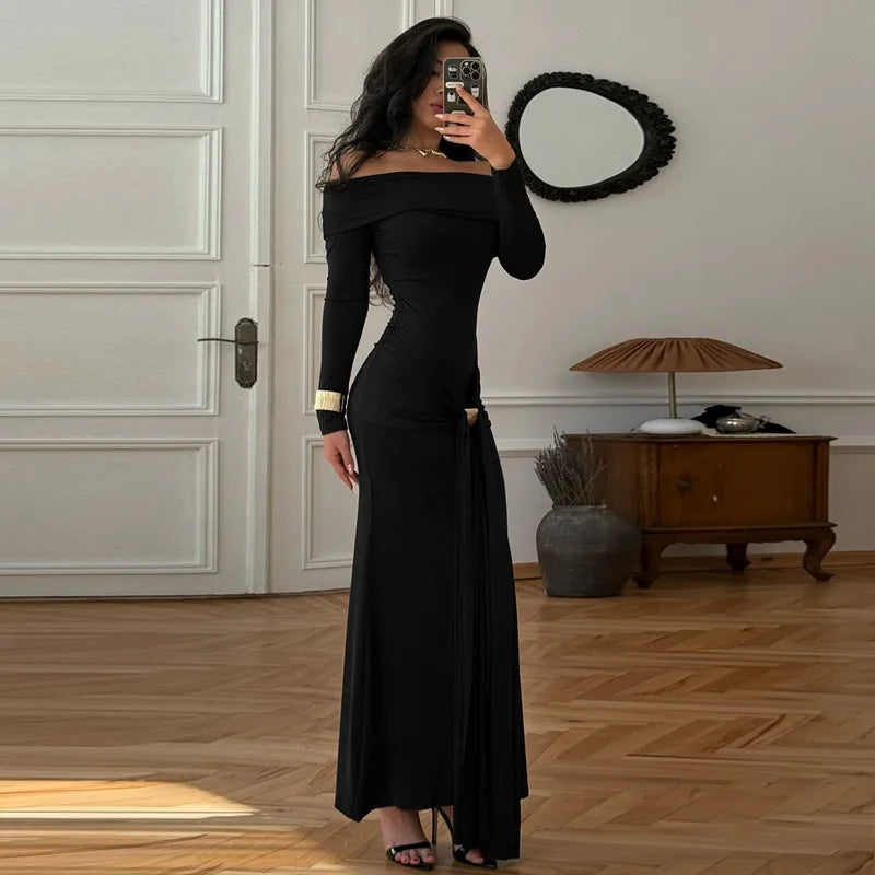 Cryptographic Elegant Off Shoulder Ruched Maxi Dress Women Party Club Outfits Autumn Long Sleeve Bodycon Dresses Gown Clothes