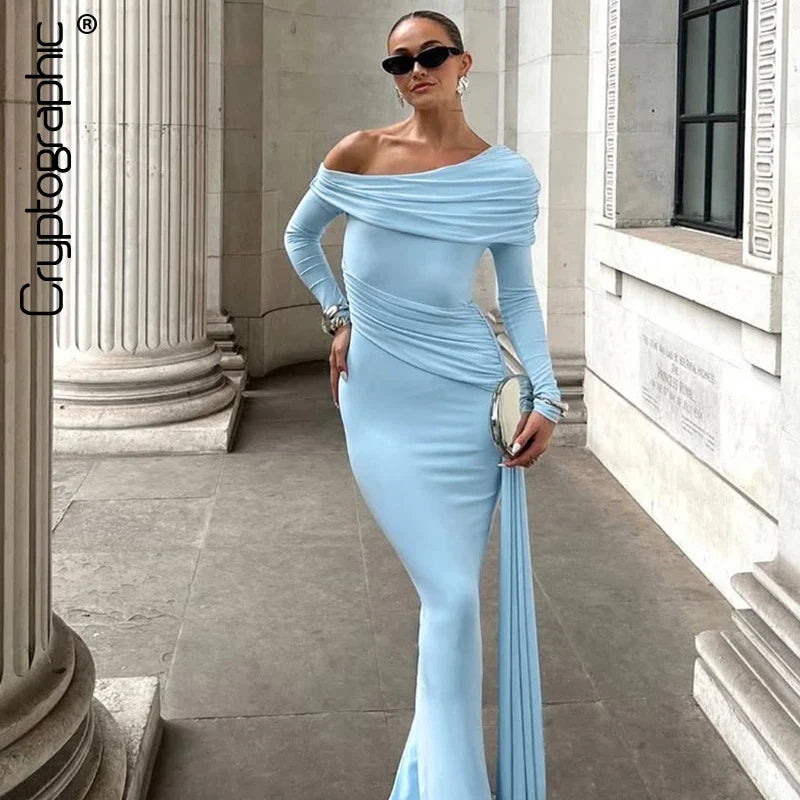 Cryptographic Elegant Asymmetrical Ruched Maxi Dress Party Club Outfits for Women Long Sleeve Sexy Bodycon Maxi Dresses Gown
