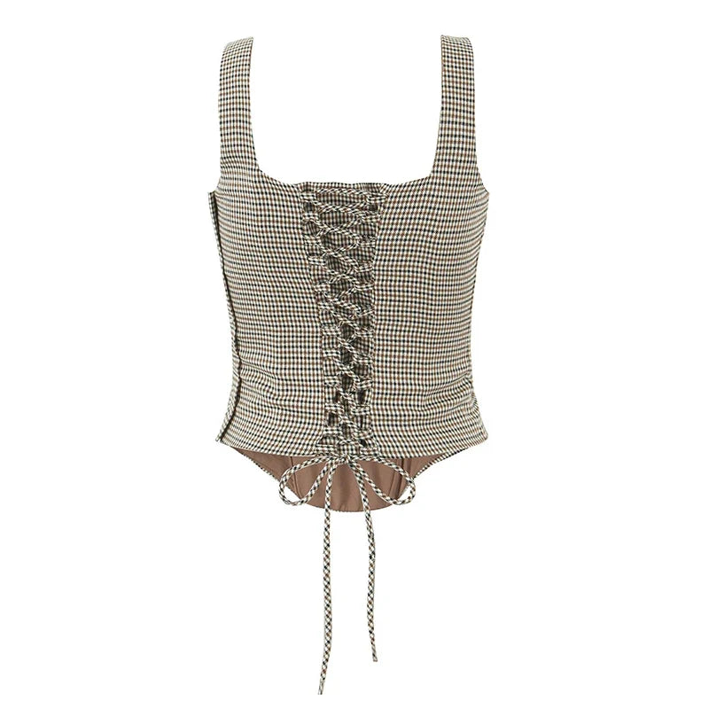 YENKYE 2025 Women Versatile Slim Brown Plaid Tight Corset Top Lacing Up Bandage Back High Street Summer Tank Top