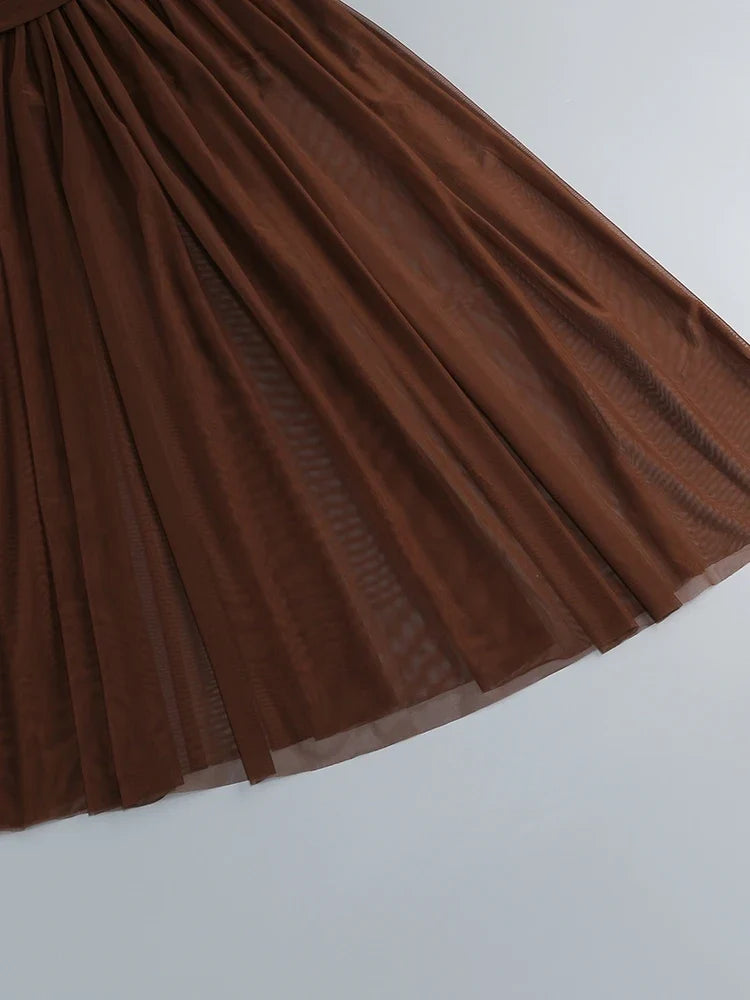 Sexy One Shoulder Ruched Design Long Dress Women Blue Brown Mesh Diagonal Collar Folds Slim Dresses Evening Party Cocktail Gowns