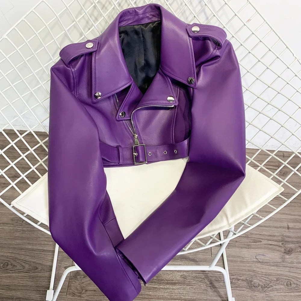 Silver Shinny Leather Jacket Ladies Real Sheepskin Jacket Women Lambskin Cloth Short 21002