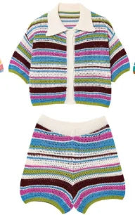 Women Patchwork Striped Hollow Out Crochet Knitted Crop Sweater Shorts Set Short Sleeve Polo Collar Sweater Knit Shorts Suit Y2K