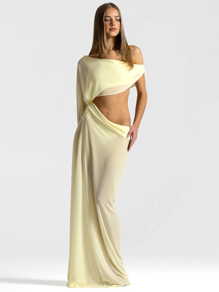 Mozision Off Shoulder Cutout Sexy Maxi Dress Women Elegant Draped Slinky Ruched Bodycon Cocktail Evening Party Dresses Gown