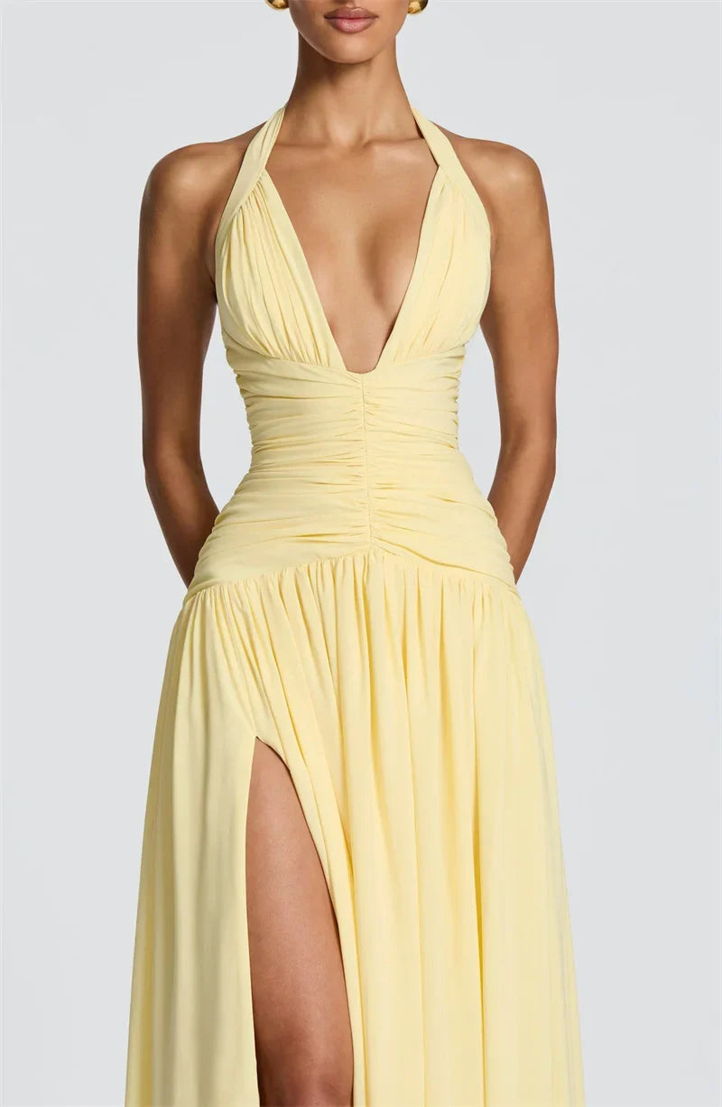 Mozision Halter Deep V Neck Sexy Maxi Dress Women Elegant Off-shoulder Sleeveless High Split Pleated Club Party Long Dress