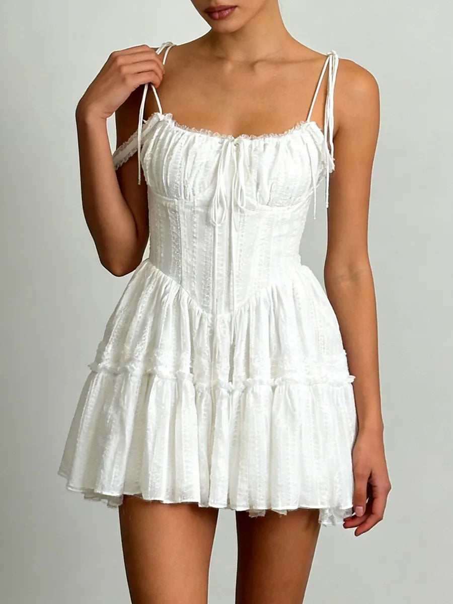 TWOTWINSTYLE Solid Spliced Embroidery Sweet Dresses for Women Square Neck Sleeveless High Waist Patchwork Strap Dress Female New