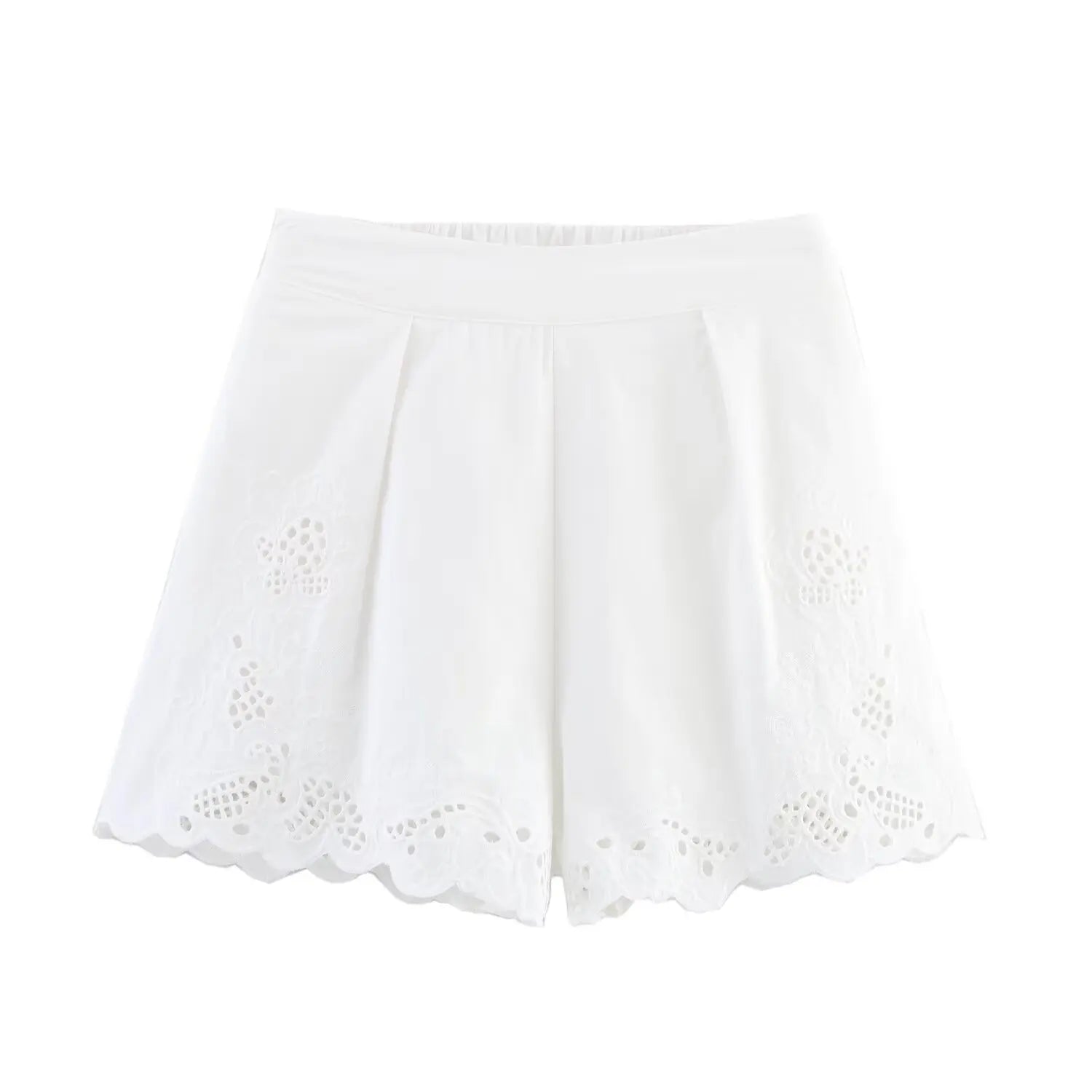 YENKYE Fashion Hollow Out Embroidery Pleated White Shorts Women High Waist Casual Summer pantalones cortos