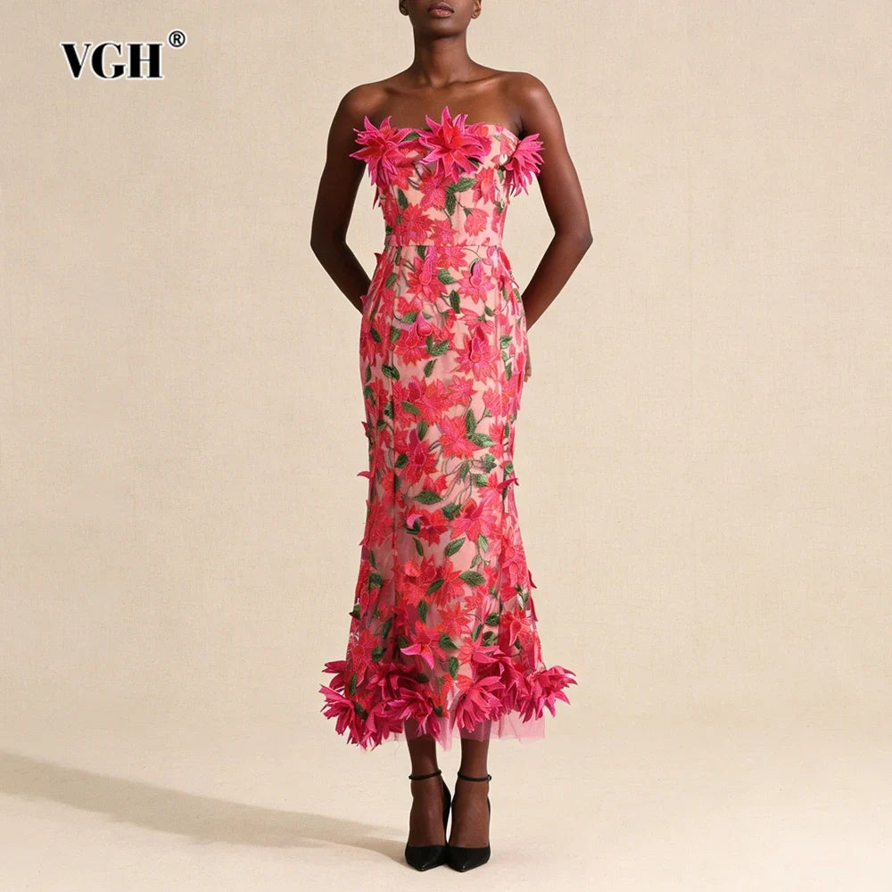 VGH Slimming Sexy Cintage Spliced Appliques Long Dresses For Women Square Collar Sleeveless High Waist Summer Chic Dress Female
