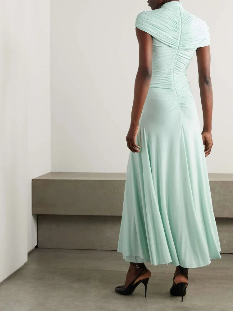New Sexy O Neck Folds A-line Long Dress Women Short Sleeves Ruched Draped Dresses Elegant Evening Party Gowns