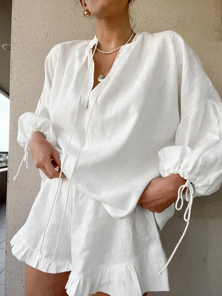Summer Women's Suit 2-piece Sets For Women Long Puff Sleeves Blouse Loose V-neck Lace Up Summer Outfits Ruffle Shorts Beach Sets