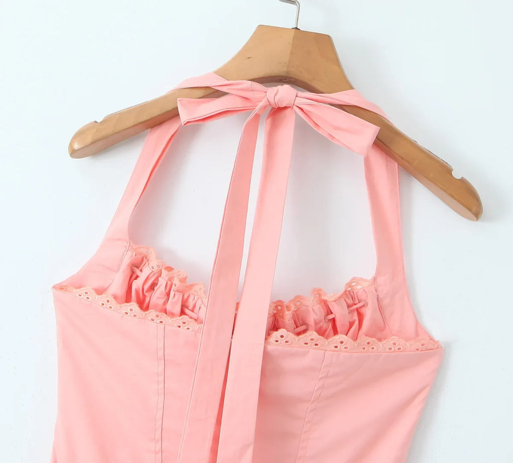 2024 Sexy Pink Corset Style Bow Halter Dress Spliced Lace Drawstring Rope Chest Pleated Slim Low Waist A-lined Swing Midi Robe