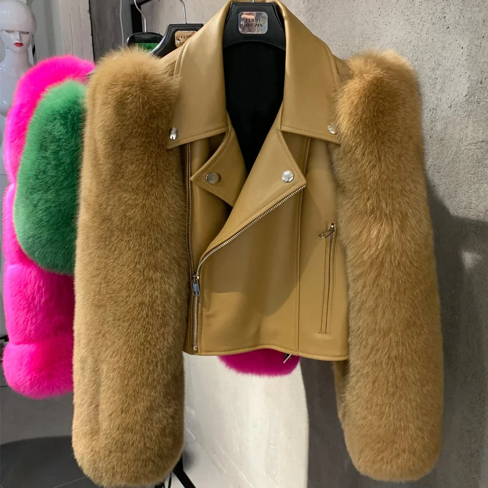 Women Leather Jacket Fur Sleeve Lady Jackets Leather Fur Fox Sleeve Ladies Biker Jacket Leather with Real Fur Sleeve 952-36