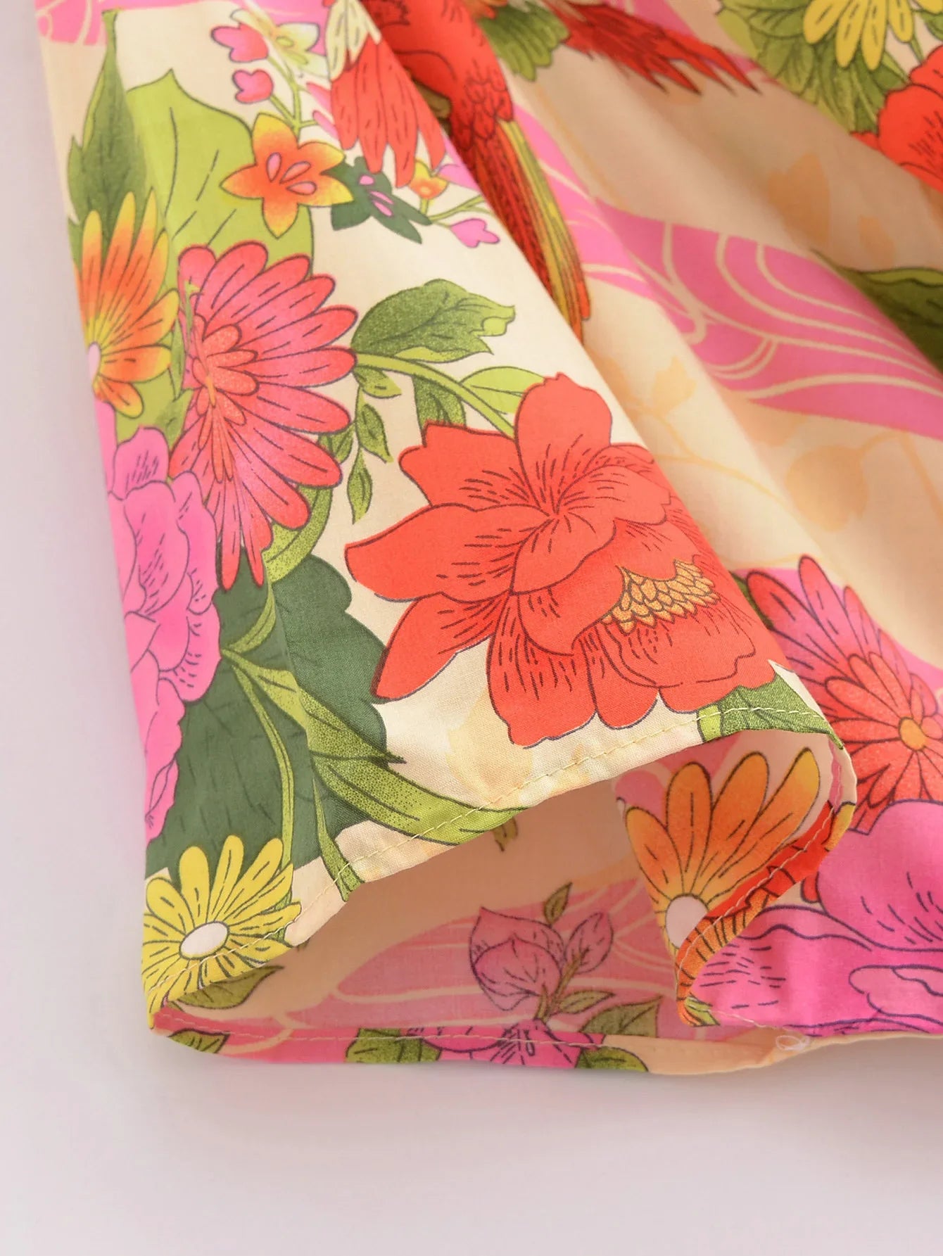 2024 BOHO Orange Flower Bird Print Long Kimono Shirt Ethnic Lacing up Sashes Midi Long Holiday Cardigan Robe Loose Blouse Tops