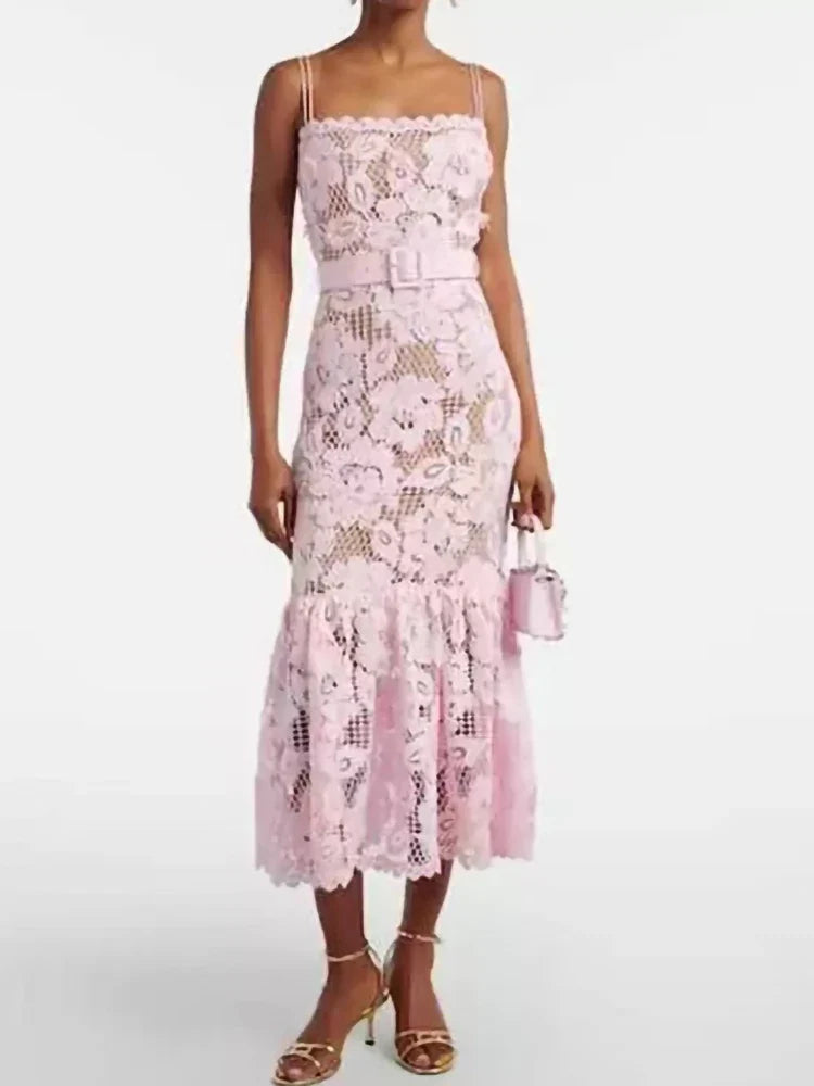 Spring Summer New Fashion Pink Water-soluble Lace Slip Dress Women Temperament slim Sleeveless Robe With Belt Ladies 2026