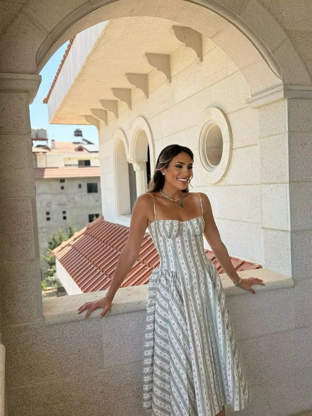 YENKYE Green Striped Floral Print Sexy Spaghetti Straps Dresses Women Elegant A-line Midi Vacation Party Dresses Summer Robe