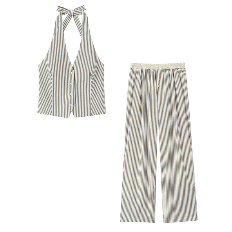 YENKYE Europe And America Striped Wide Leg Pants Women Vintage Elastic High Waist Casual Summer Trousers Female pantalones