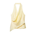 4 colors Sexy Ruched Cross Front Satin Halter Tank Top Women One Button Side Asymmetric Camisole Camis Crop Tee Brown Lavender