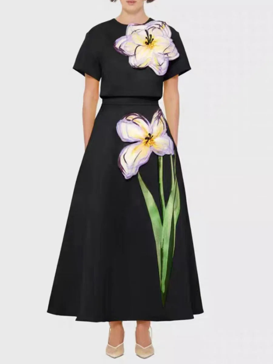 TWOTWINSTYL Solid Loose Two Piece Set For Women Round Neck Short Sleeves Split Top High Waist Skirt Elegant Sets Female Clothing