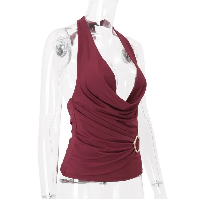 Cryptographic Embellished Ruched Sexy Draped Halter Tops Club Outfits Sleeveless Summer Solid Deep V Neck Cropped Tops Clothes