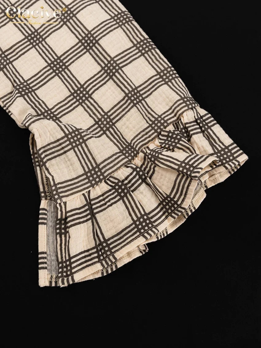 Clacive Fashion Loose Plaid Cotton Shorts Sets For Women 2 Piece Elegant Long Sleeve Shirt + Tube Top With High Waist Shorts Set